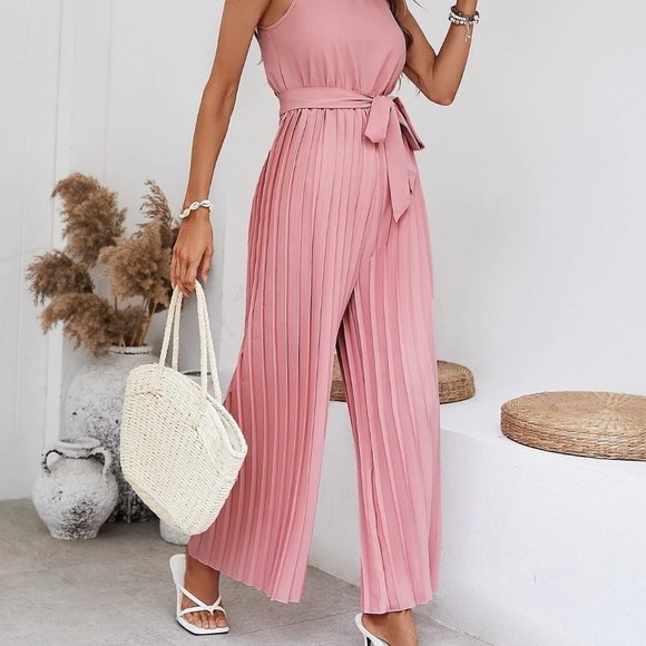 Pink Boho Womens Solid Pleated Belted Halter Jumpsuit - Picture 3 of 5